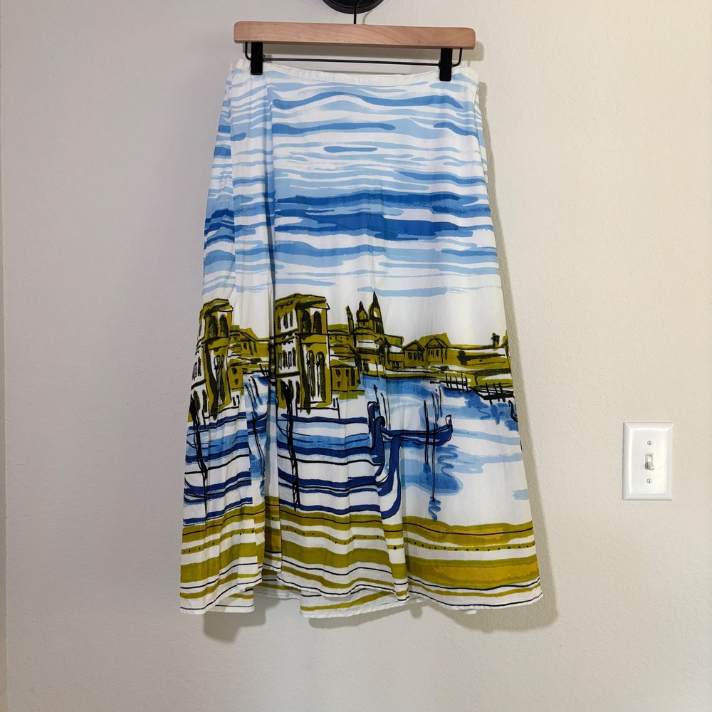 JM Collection Skirt Venice Scenic Print 10 Cotton Blue White Coastal Italian